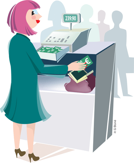 Butiksansatte kvinder stjæler mere fra arbejdspladsen, end deres mandlige kolleger. Tegning: Göran Blomé
