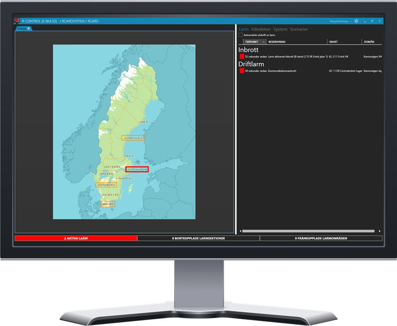 Med R-Control kan man i en och samma mjukvara styra och övervaka flera olika larmsystem oavsett var de finns rent geografiskt. Med R-Control kan man i en och samma mjukvara styra och övervaka flera olika larmsystem oavsett var de finns rent geografiskt.
