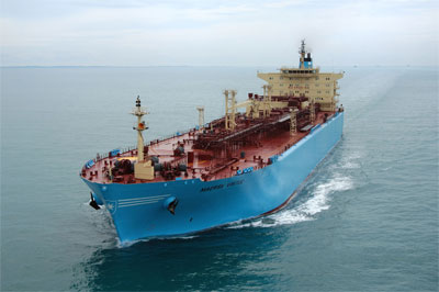 Ett fartyg från det danska rederiet Maersk, som drabbats av piratangrepp.