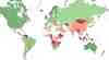 Kartan visar ett globalt riskindex över riskområden för skadlig kod runtom i världen. Grön = låg risk, röd = hög risk, grå = otillräcklig data.
