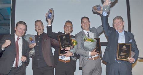 Fra venstre: Detektors chefredaktør Lennart Alexandrie sammen med repræsentanter for de virksomheder, der vandt Detektor International Awards førstepriser: Erik Nord, Genetec, Thomas Risager, Vanderbilt International, Fredrik Wallberg, Flir Systems og Mårten Persson fra Iloq.