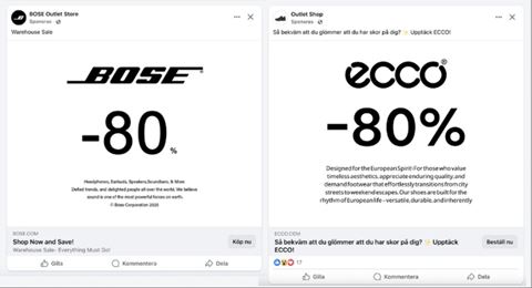 Exempel på bluffkampanj där man visar annonser för välkända varumärken, till exempel Bose och Ecco, och där webbadresserna ofta är manipulerade.