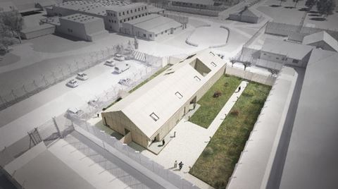 Jyderup Fængsels nye bygning, der skal huse en central indgang, hovedvagt og besøgsfaciliteter.