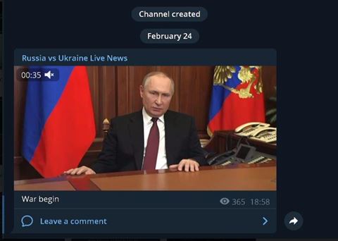Live nyhedskanalen “Russia vs. Ukraine Live news” med over 110.000 brugere på Telegram. Foto: Check Point.