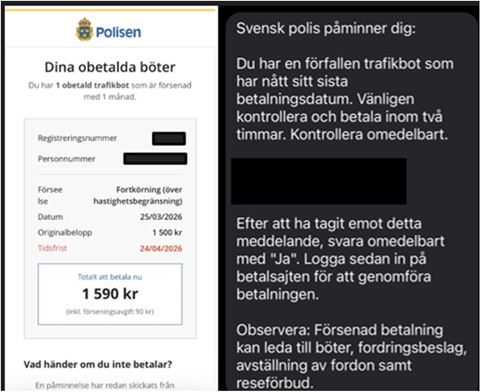 I meddelandena uppmanas mottagaren att betala trafikböter till Polismyndigheten via en bifogad länk. Foto: Polisen I meddelandena uppmanas mottagaren att betala trafikböter till Polismyndigheten via en bifogad länk.