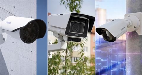 De nominerade lösningarna: i-PRO High Zoom Bullet Camera från i-PRO, Axis Q1728-LE Block Camera från Axis Communications, och Bosch Dinion thermal 8100i från Keenfinity.