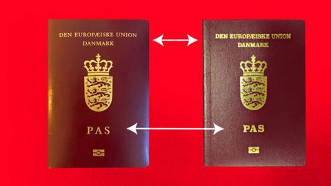 Det nye pas (th.) er rødebedefarvet som det gamle, og forsiden er stort set identisk bortset fra en ændret skrifttype. Foto: Rigspolitiet