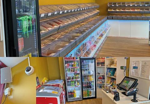 Crazy Candy i Uppsala – Sveriges första obemannade lösgodisbutik. Med nätverksbaserade kameror, högtalare och ett molnbaserat VMS från Milestone möjliggörs säkerhet, 24/7-öppettid och ökad försäljning.
